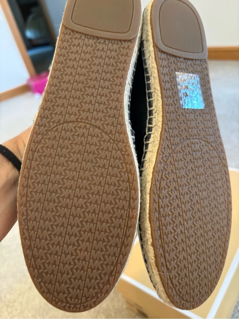 Michael Kors Black Leather Espadrille Slip-Ons with Natural Jute Trim